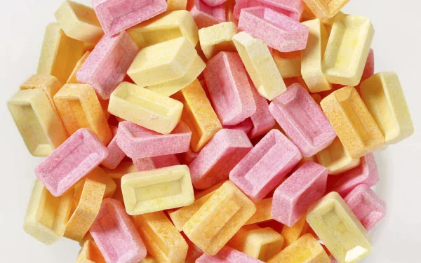 A vibrant assortment of colorful candy pieces in shades of pink, yellow, and orange, creating a delightful and eye-catching HD desktop wallpaper background.