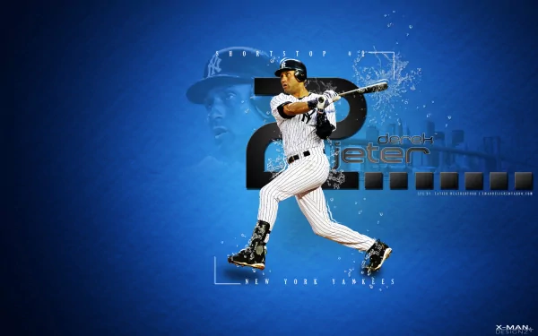 HD desktop wallpaper featuring New York Yankees player Derek Jeter in action, set against a blue background with dynamic graphic elements and sports-themed design.