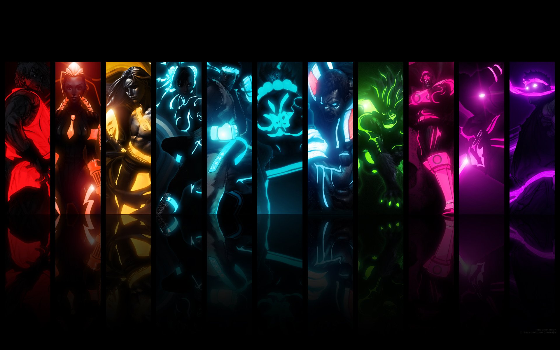 HD PC desktop wallpaper featuring neon-lit silhouettes of iconic Street Fighter characters from the video game series, each highlighted in distinct vibrant colors.