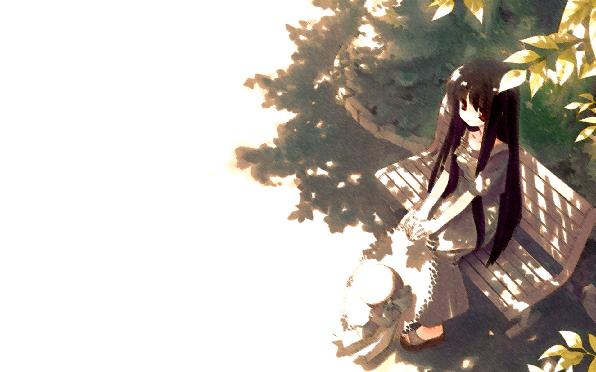 An anime girl sits on a bench surrounded by soft light and shadows, with a pet by her side. This HD wallpaper creates a serene and charming desktop background.