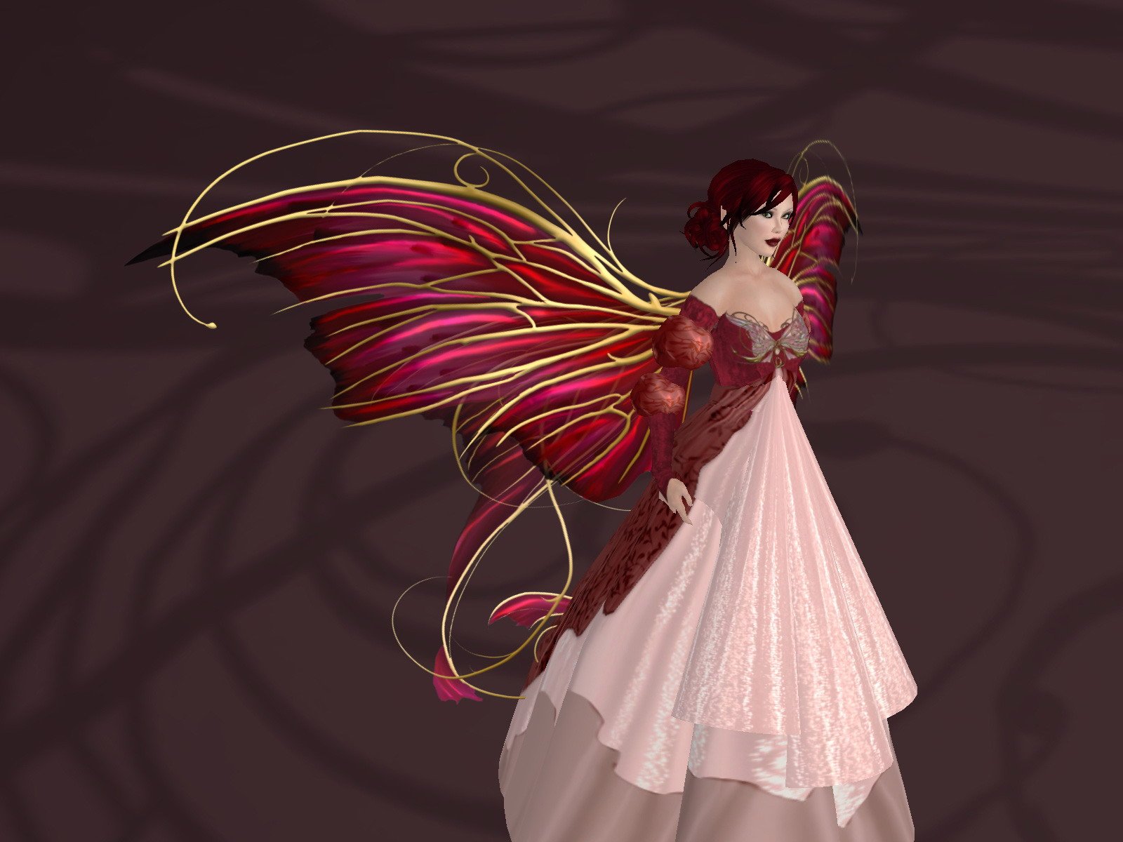 Fantasy-themed HD PC desktop wallpaper featuring a fairy with large, intricate red and gold wings wearing an elegant gown against a dark, textured background.