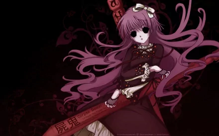 A striking HD wallpaper featuring Sunako Kirishiki from the anime Shiki, showcasing her unique design with flowing purple hair and a haunting presence against a dark background.