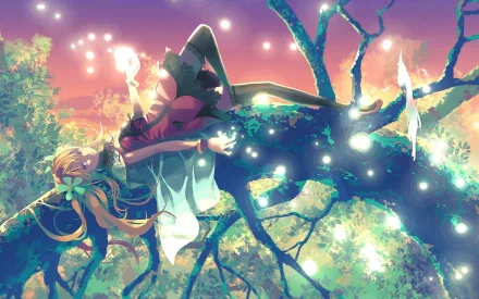A serene anime scene featuring a girl lounging on a tree branch amidst glowing orbs and vibrant nature, creating a captivating HD desktop wallpaper and background.