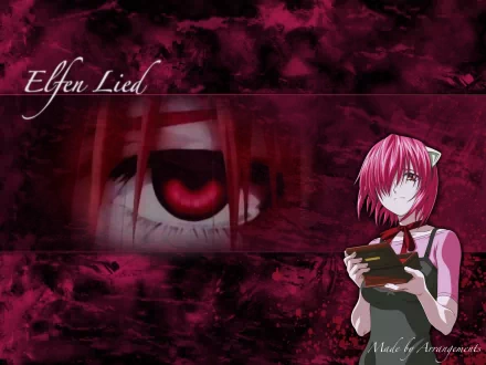 A vibrant HD wallpaper featuring Lucy from Elfen Lied, showcasing her striking red eye and holding a book against a dark, abstract background.