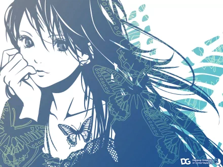 HD desktop wallpaper featuring an anime girl with flowing hair and butterfly designs in the background. The intricate artwork blends the girl and butterflies in a soft, harmonious blue tone.