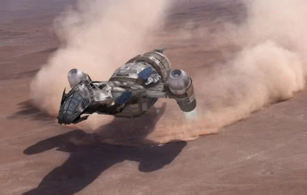 HD PC desktop wallpaper featuring the spaceship Serenity from the 2005 movie, flying low over a dusty terrain with dust clouds trailing behind.