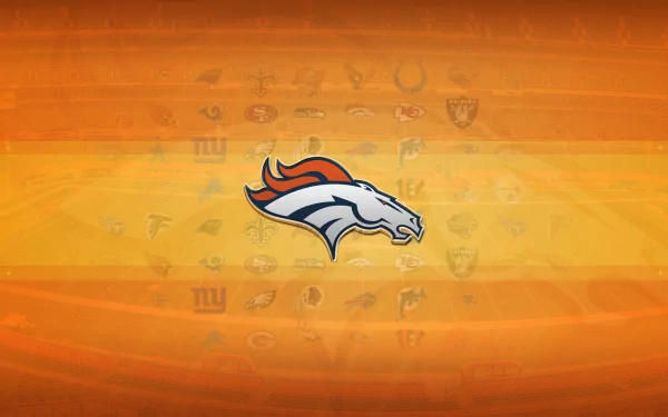 HD desktop wallpaper featuring the Denver Broncos logo with an orange gradient background and subtle NFL team logos, representing Denver and sports themes.