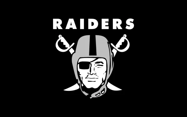 HD desktop wallpaper featuring the iconic Oakland Raiders logo, showcasing a bold pirate figure with an eye patch, set against a stark black background.