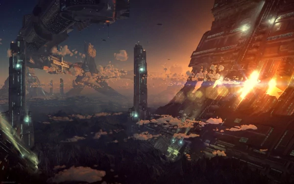 HD desktop wallpaper of a sci-fi city at sunrise, featuring futuristic buildings and a dramatic landscape.