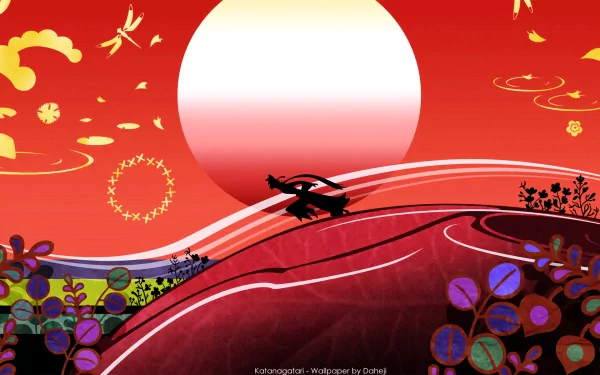 HD anime wallpaper from Katanagatari featuring a silhouetted figure with a sword against a large red sun and stylized floral and abstract patterns.