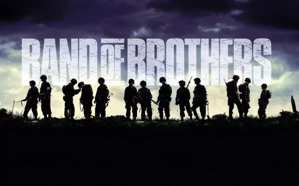 HD desktop wallpaper featuring silhouettes of soldiers from the TV show Band of Brothers with the show's title in bold letters in the background.