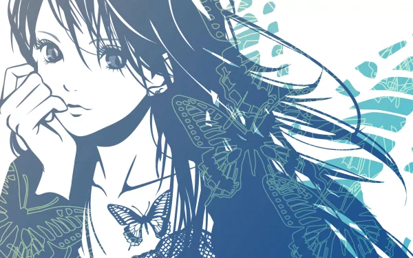 HD desktop wallpaper featuring an anime girl with flowing hair and butterfly designs in the background. The intricate artwork blends the girl and butterflies in a soft, harmonious blue tone.