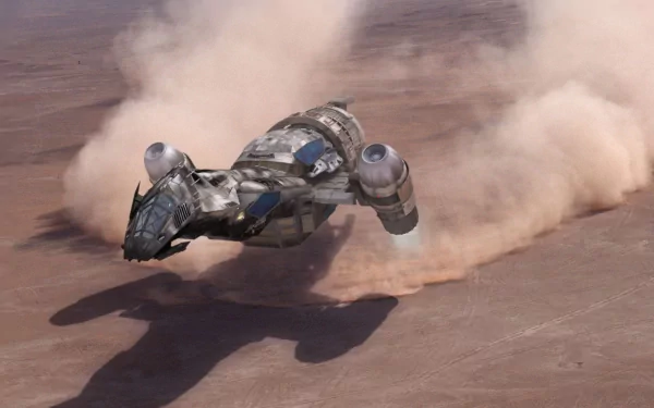 HD PC desktop wallpaper featuring the spaceship Serenity from the 2005 movie, flying low over a dusty terrain with dust clouds trailing behind.