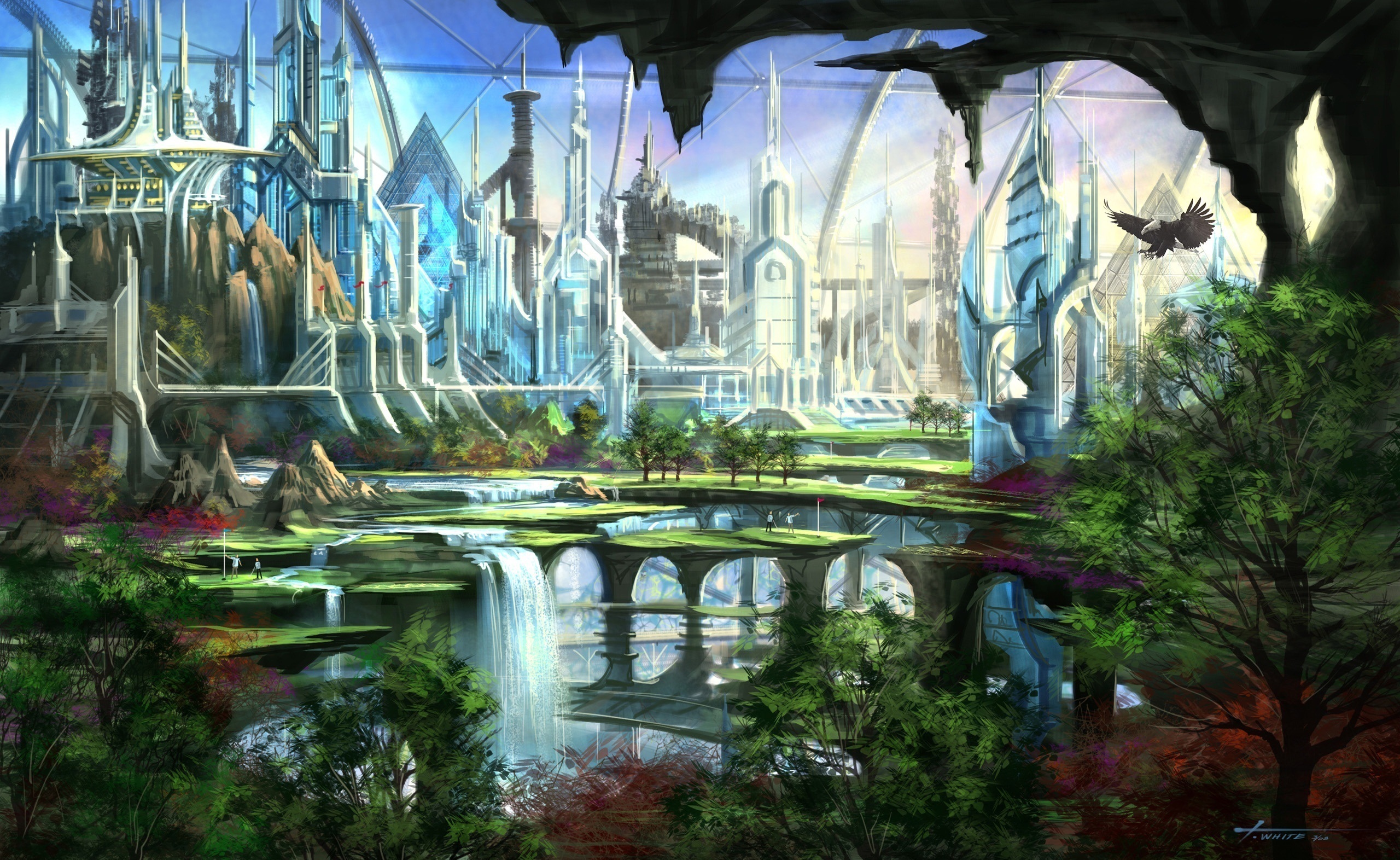 Fantasy city with a stunning golf course surrounded by a beautiful waterfall.