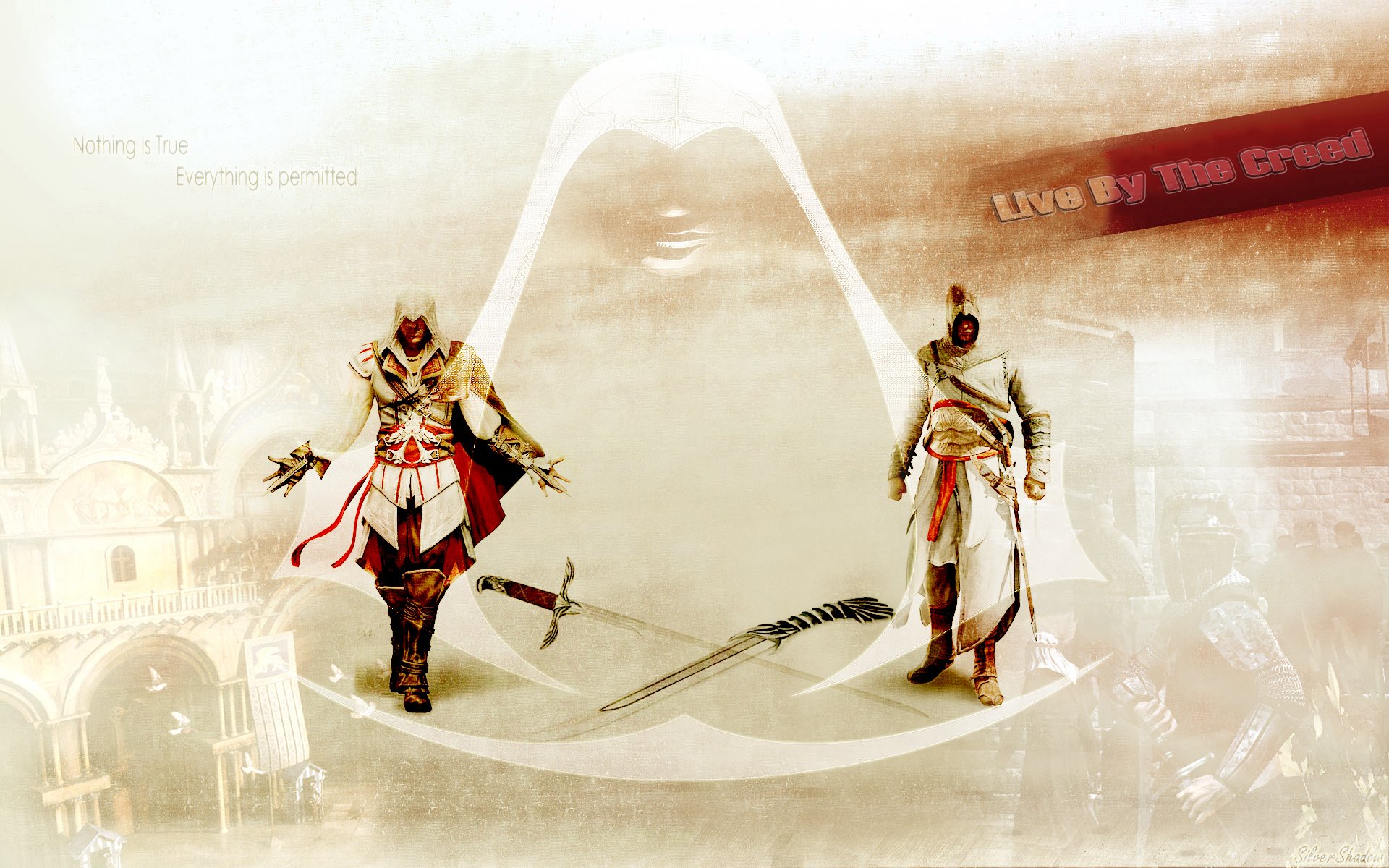 HD PC desktop wallpaper and background from the Assassin's Creed video game: two hooded assassins stand inside a glowing emblem over a sepia cityscape, blades crossed.