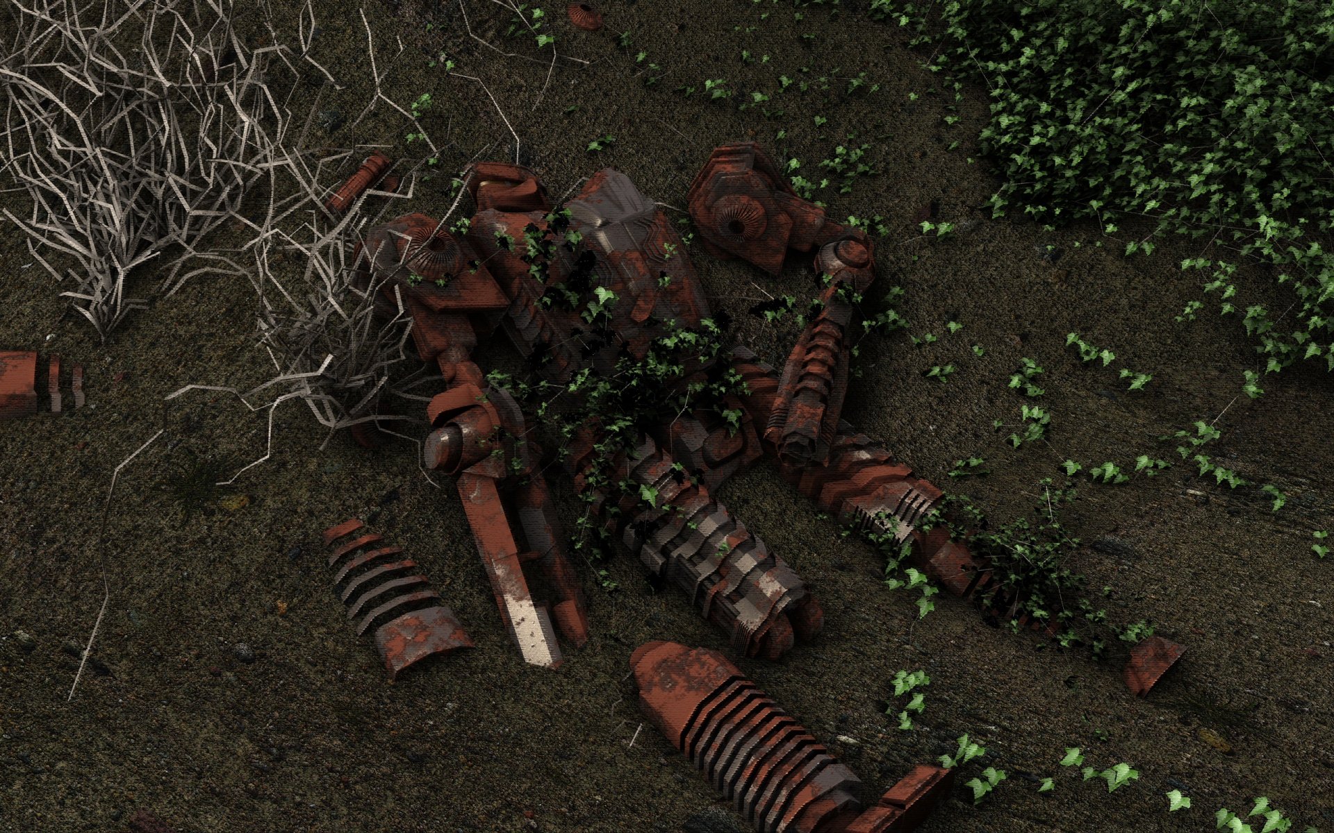 Sci‑Fi 2K Quad HD PC desktop wallpaper: rusted robot remains scattered on soil, overgrown with ivy and vines beneath a gnarled dead branch.