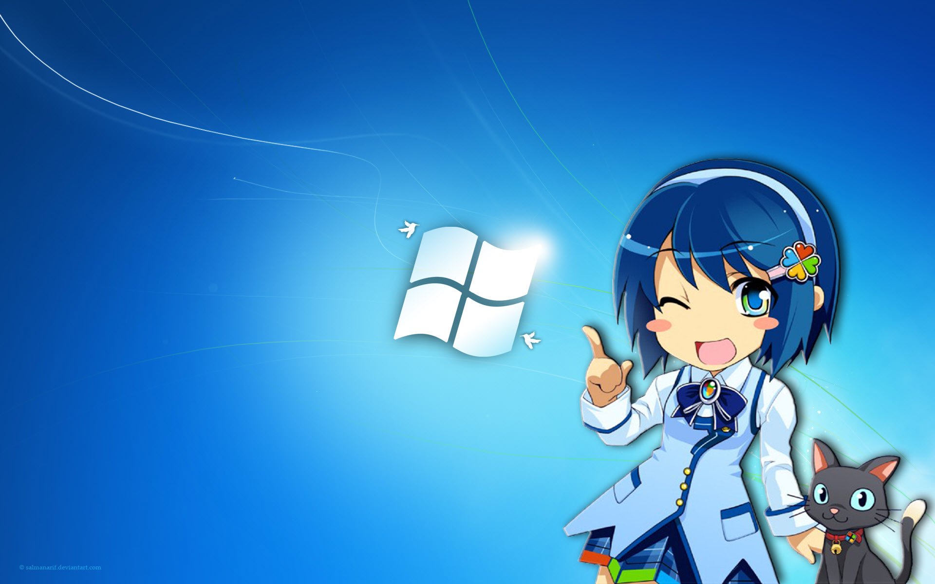 Anime OS-tan character with blue hair and headset winking and pointing beside the Windows logo, with a small black cat on a bright blue HD PC desktop wallpaper background.