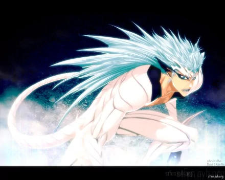 HD wallpaper of Grimmjow Jaegerjaquez from the anime Bleach, featuring him in a dynamic, action-packed pose with blue hair and a fierce expression against a striking background.