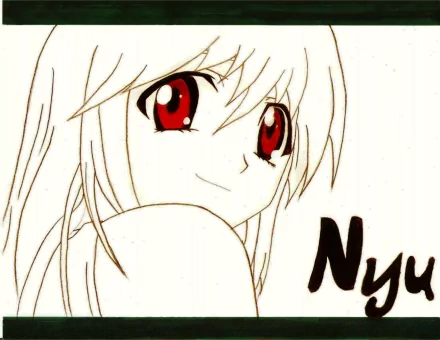 HD wallpaper featuring Lucy from the anime Elfen Lied, showcasing her character with striking red eyes and a playful expression, accompanied by the text Nyu.