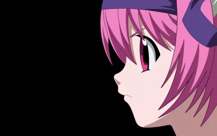 HD anime wallpaper featuring a close-up side profile of Nana from Elfen Lied with vibrant pink hair and a purple headband against a black background.