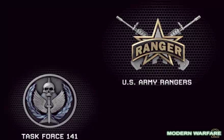 HD wallpaper featuring emblems from Call of Duty: Modern Warfare 2, showcasing Task Force 141 and U.S. Army Rangers, set against a dark, textured background.