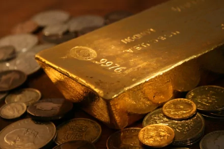 A shiny gold bar surrounded by various coins, creating a rich, man-made scene. This high-definition image serves as an elegant desktop wallpaper and background.