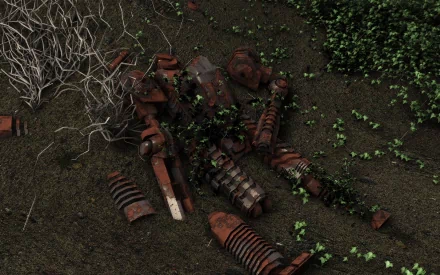Sci‑Fi 2K Quad HD PC desktop wallpaper: rusted robot remains scattered on soil, overgrown with ivy and vines beneath a gnarled dead branch.