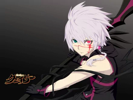 Anime HD PC desktop wallpaper featuring a character from The Qwaser of Stigmata with white hair, heterochromatic eyes, and dark, edgy attire against a dark background.