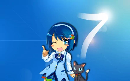Anime OS-tan HD PC desktop wallpaper: cheerful blue-haired OS-tan winking and giving a thumbs-up beside a small black cat on a bright blue background with a stylized 7.