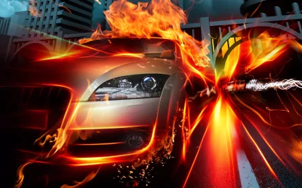 HD desktop wallpaper with an urban fantasy theme featuring a fiery vehicle engulfed in flames, set against a background of city buildings, showcasing photo manipulation techniques.