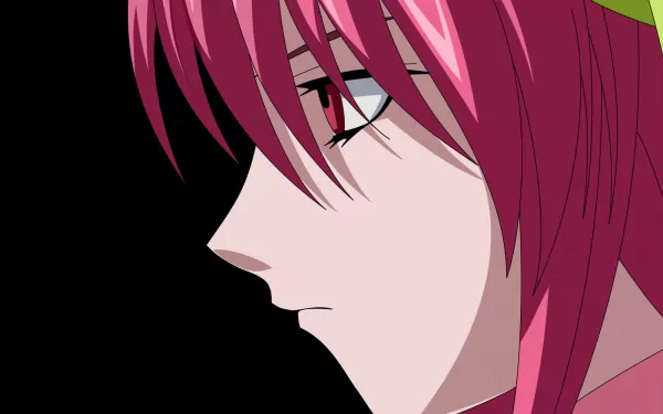 A striking HD wallpaper featuring Lucy from the anime Elfen Lied, showcasing her profile with vivid pink hair against a dark background.