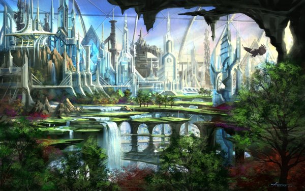 Fantasy City Waterfall HD Wallpaper | Background Image