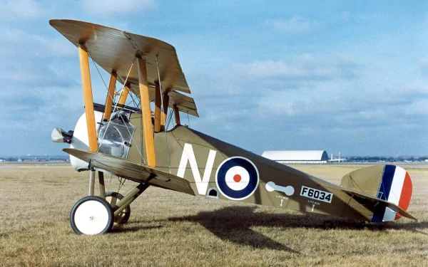 HD desktop wallpaper showing a vintage military biplane with roundels and tail stripes, set on a grassy field under a clear blue sky.