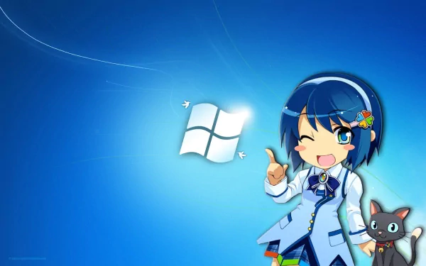 Anime OS-tan character with blue hair and headset winking and pointing beside the Windows logo, with a small black cat on a bright blue HD PC desktop wallpaper background.