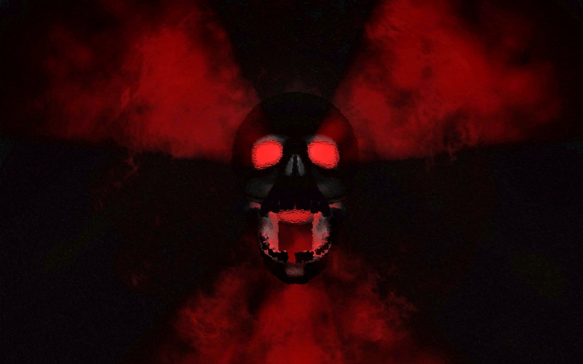 Dark skull with glowing red eyes and fangs amid smoky red clouds, 2K Quad HD PC desktop wallpaper and background.