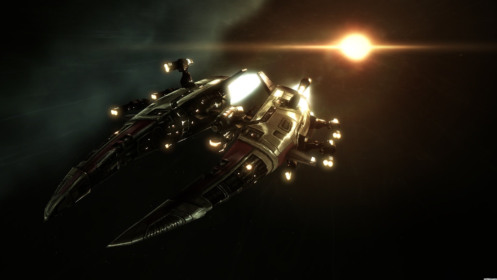 HD PC desktop wallpaper featuring a detailed spaceship from the video game EVE Online against a dark space backdrop with a bright star in the distance.