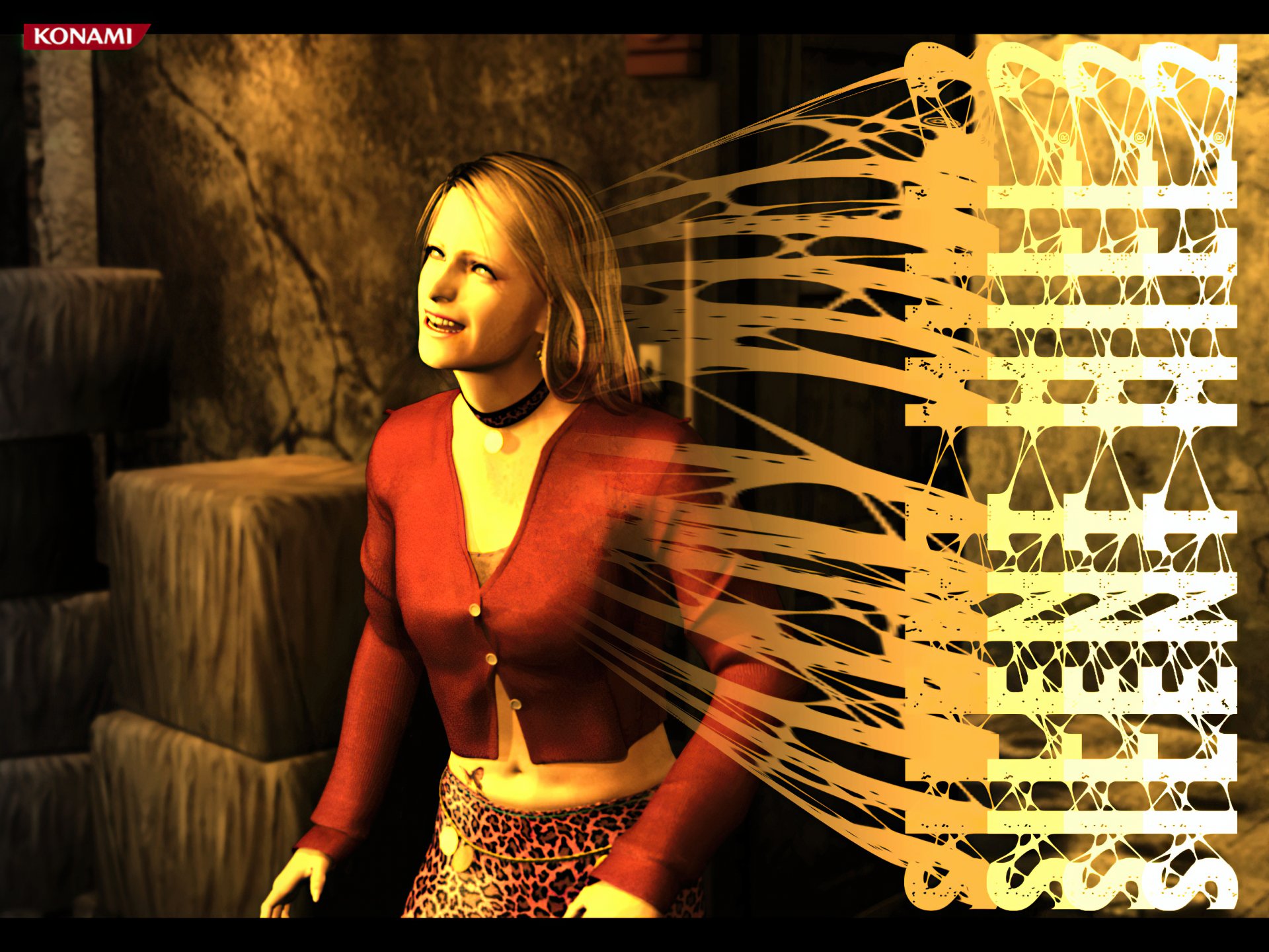 Silent Hill video game 2K Quad HD PC desktop wallpaper: blonde woman in red top and choker stands in a decayed, dim interior beside a streaked, torn light pattern.