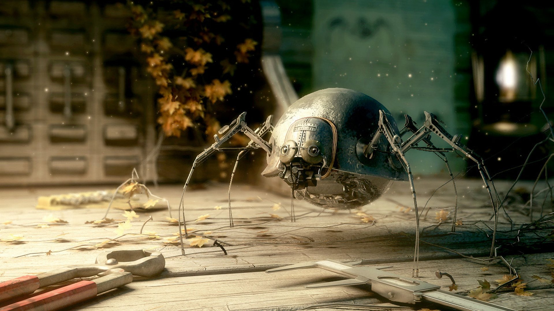 Sci-fi HD PC desktop wallpaper and background: a spherical, spider-like robot with spindly legs crawls across a cluttered workbench in a dim, futuristic workshop.