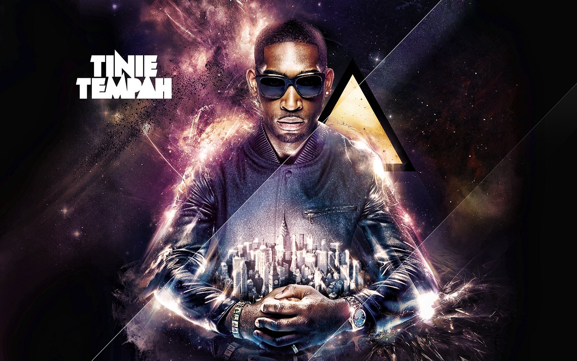 HD desktop wallpaper featuring music artist Tinie Tempah with a futuristic cityscape and cosmic light effects surrounding him.
