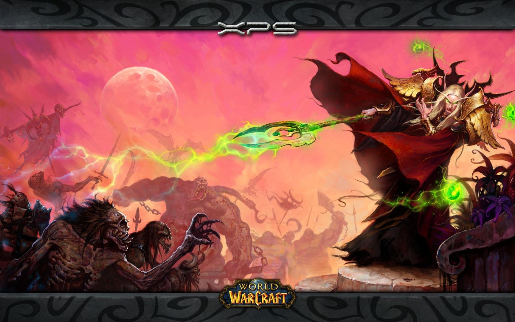 HD PC desktop wallpaper featuring a dramatic World of Warcraft scene with an elf from Sunwell casting green magic against shadowy foes.
