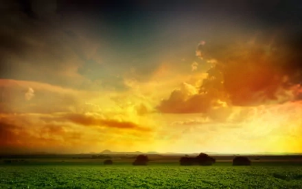 HD PC desktop wallpaper and background: dreamy nature world—golden sunset over vast green fields with low silhouetted farm buildings beneath a soft, surreal sky.