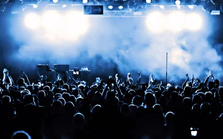 HD desktop wallpaper capturing the energized crowd and bright stage lights at a live concert, highlighting the vibrant atmosphere of music performance.
