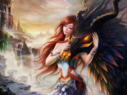Fantasy HD desktop wallpaper featuring a woman with flowing red hair leaning tenderly against a dragon with glowing eyes, set in a mystical, mountainous landscape.