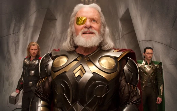 A striking HD desktop wallpaper featuring characters from the movie Thor, showcasing a regal figure in armor, flanked by two other prominent characters, set against a dramatic backdrop.