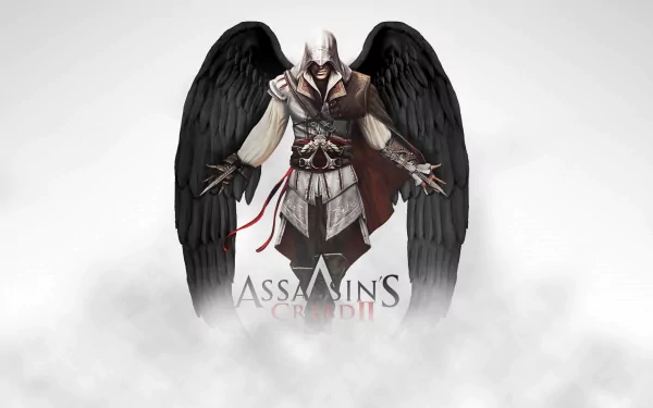 HD PC desktop wallpaper featuring a winged Assassin's Creed II character emerging from mist with the game's logo below.