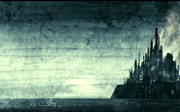 A dramatic HD wallpaper inspired by the movie Priest, featuring a dark, imposing cityscape against a moody sky and tranquil waters, evoking a sense of mystery and tension.