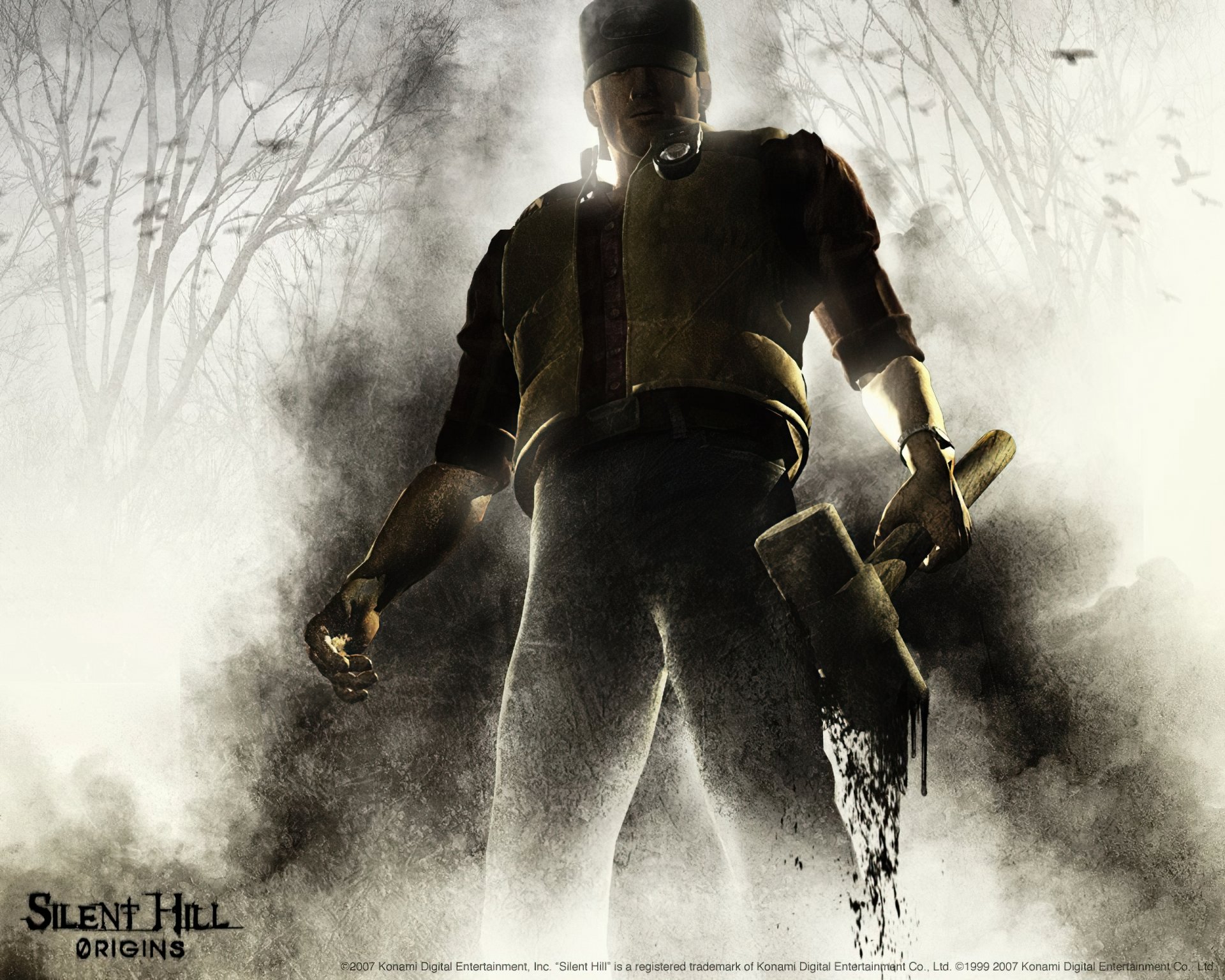Silent Hill video game wallpaper: ominous masked figure holding a bloodied axe, backlit by fog and skeletal trees — 2K Quad HD PC desktop background.