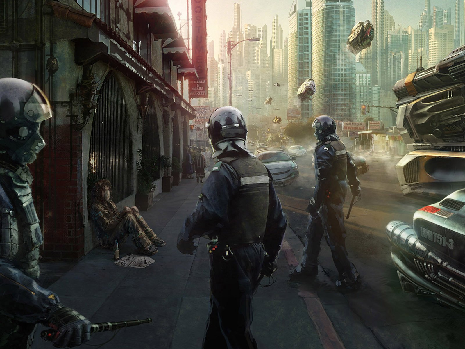 Sci-fi cyberpunk HD PC desktop wallpaper: armored officers and drones confront figures in a neon-soaked megacity alley with hovering cars and towering skyscrapers.