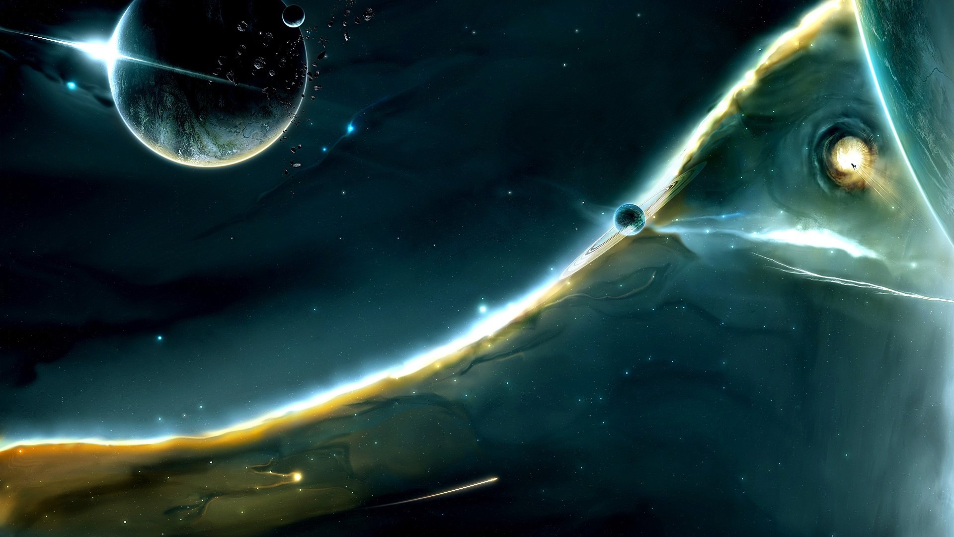 HD Sci-Fi artistic wallpaper depicting a cosmic scene with planets, glowing nebulae, and futuristic space elements for a dynamic PC desktop background.