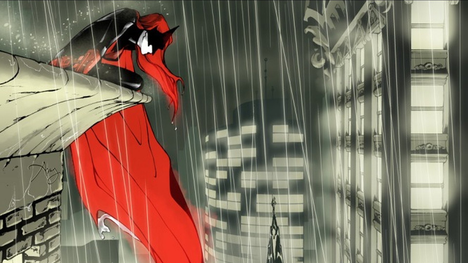 Comic Batwoman HD PC desktop wallpaper and background — Batwoman in a flowing red cape stands on a rain-soaked rooftop, city skyline blurred in the downpour.